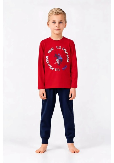 U.S. Polo Assn. Baskılı Uzun Kollu Erkek Çocuk Pijama Takımı Kırmızı