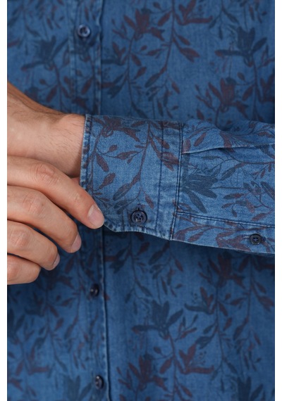 Bisse Erkek Uzun Kollu Spor Yaka Floral Desenli Denim Gömlek Gmjean252168 D39 Lacivert