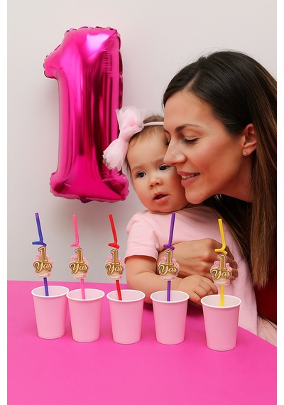 Pipet 1 Yaş Yaldızlı Pipet 10 Lu Pembe 1 Yaş Kız Doğum Günü Partisi