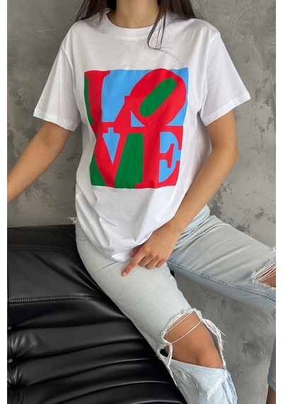 Femelle Kadın Beyaz Love Baskılı Pamuk Tişört