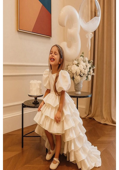 Lilymoon Saten Asimetrik Balon Kollu Kız Abiye Elbise Kırık Beyaz