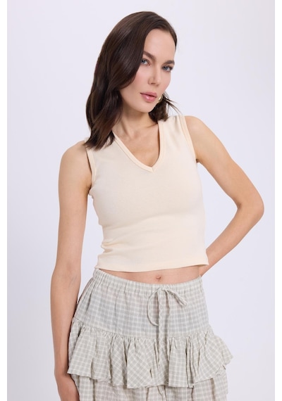 Tudors Kadın Slim Fit Dar Kesim V Yaka Sıfır Kol Pamuklu Ribanalı Bej Bluz-38840 Bej