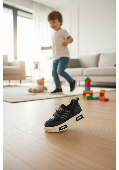Enoch Çocuk Ortopedik Tabanlı Esnek Fileli Cırt Cırtlı Dinamik Sneaker Ayakkabı Siyah