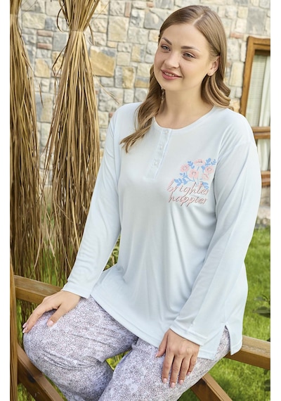 Aydoğan Kadın Pijama Takımı Büyük Beden & Battal Uzun Kol Açık Mavi