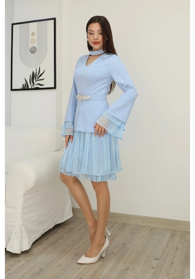 Lodmela Büzgü Detaylı Kemerli Elbise 2338-bebe Mavisi Bebe Mavisi