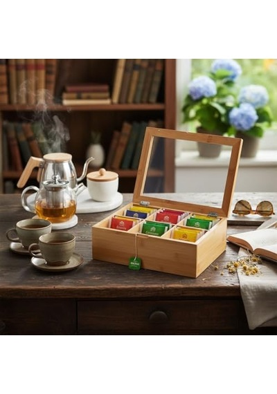 Bambu 6 Bölmeli Çay Kutusu -%100 Orjinal Bambu Mıknatıslı Kapak 21x16,5 X7cm