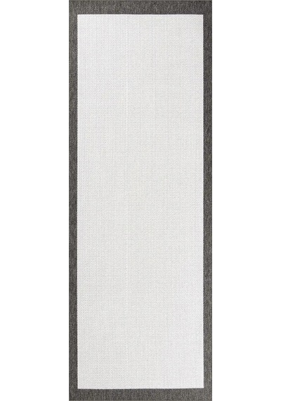 Hoom Rugs Lora 3203 Antrasit Çerçeveli Çizgili Pamuk Taban Hav Toz Vermez Sisal Halı