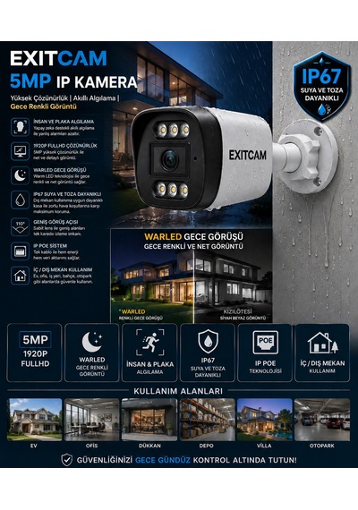 Exitcam 2 Kameralı 5 Mp Ip Poe Güvenlik Kamera Sistemi 20 İnç Monitör, 1 Tb Hdd, 100 Metre Kablo, Sesli Ve Gece Renkli