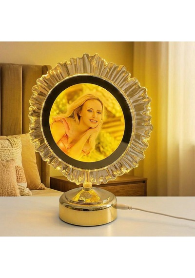 Abajur Yatak Odası İçin Led Işıklı Fotoğraflı Çerçeve Kristal Yuvarlak Kişiye Özel Resimli Abajür Altın