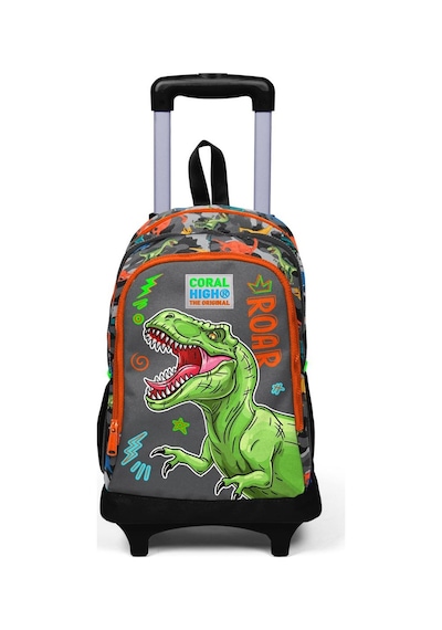 Coral High Kids Siyah Gri Dinozor Desenli Üç Bölmeli Çekçekli Okul Sırt Çantası 23944