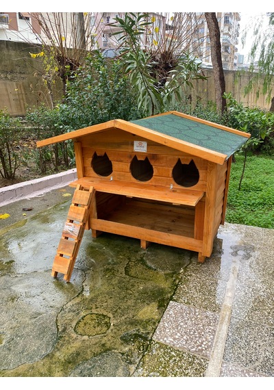 Pati Emlak Kedi Evi Ahşap Mamalıklı Dış Mekan Pati Emlak Kedi Kulübesi
