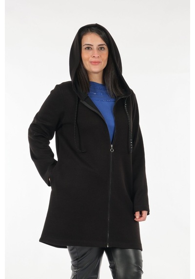 Tolga Saraçoğlu Oversize Kapüşonlu Midi Kadın Ceket - Günlük & Rahat Siyah