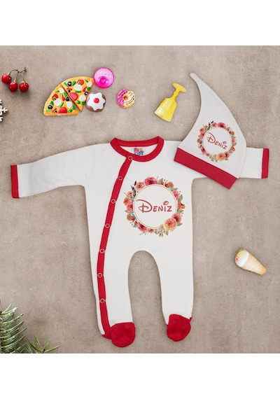 Bk Kids Kişiye Özel Çiçek Tasarımlı Kırmızı Tulum Zıbın Ve Kukule Çok Renkli