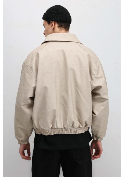 Vamos Oversize Deri Bomber Ceket Taş
