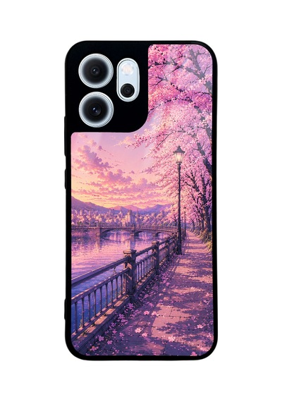 Oppo Reno 14f Sakura Riverside Sunset Tasarımlı Glossy Telefon Kılıfı Mavi