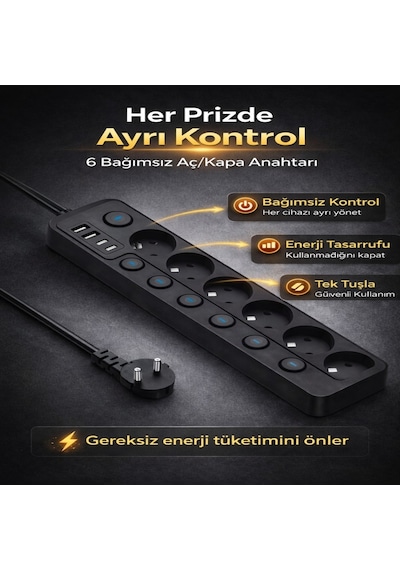 6 Lı Ayrı Anahtarlı Akım Korumalı Priz 3680w 16a 2 Usb 2 Type-c 2 Metre Kablolu Çoklu Priz 3 M