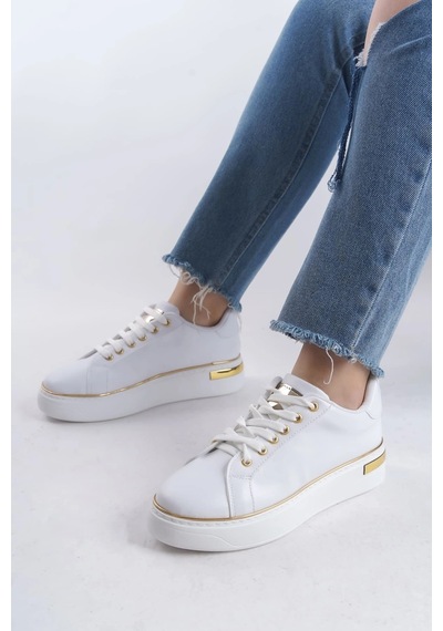 Mevese Elora Bağcıklı Konfor Taban Kadın Sneaker Beyaz/altın