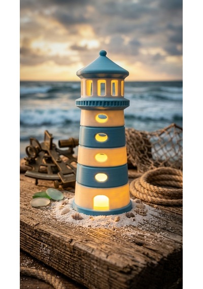 Dekoratif Tasarım Deniz Feneri Tealight - Açık Mavi - Beyaz Çok Renkli