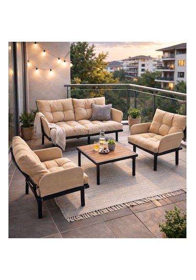 Bahçe Takımı Balkon Ve Cafe Modüler Metal Koltuk Takımı 2+1+1 Sehpalı Bej 1637 Bej