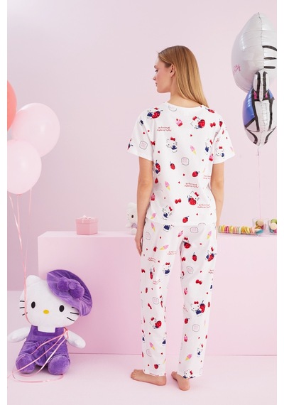 Siyah İnci Lisanslı %100 Pamuk Çok Renkli Bisklet Yaka Pijama Takım Hk009 Beyaz