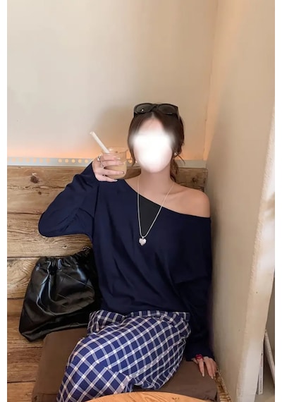 Cool Tarz Lacivert Kadın Düşük Omuz Kayık Yaka Oversize Uzun Kollu T-shirt Lacivert Lacivert