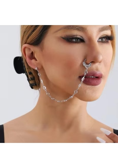 Girift Vintage Metal Halka Detaylı Kulak Ve Burun Zinciri - Hint Hızması Gri