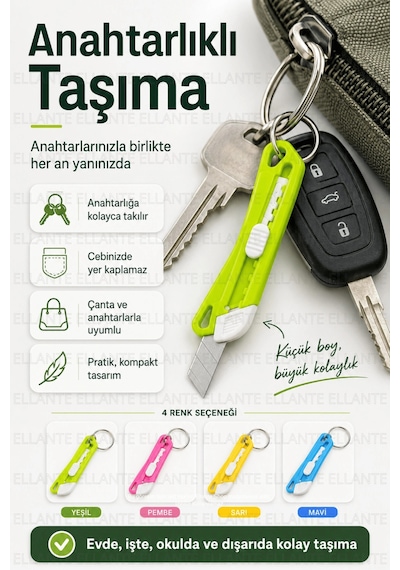 Mini Maket Bıçağı Anahtarlık Çelik Uç Sürgülü Kargo Koli Paket Zarf Açıcı Pratik Kesici Tekli 1 Adet