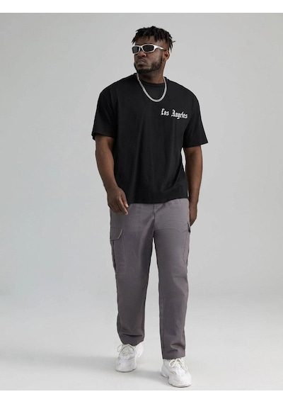 Erkek Siyah Oversiz Los Angeles Baskılı Örme T-shirt Siyah