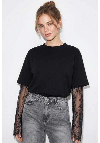 Shade Kadın Bisiklet Yaka Dantel Kollu Oversize Pamuklu T-shirt 1049 60286075 - Siyah