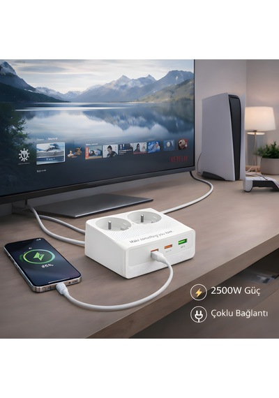 2500w 2 Li Akım Korumalı Priz + 30w Pd Type-c Hızlı Şarj 2 Ac + 3 Usb Çoklu Masaüstü Şarj İstasyonu 2