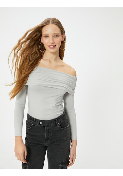 Koton Madonna Yaka Tişört Uzun Kollu Viskoz Kumaş Slim Fit Gri 4sal10516ık Gri