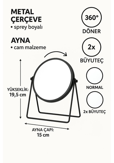 Masa Üstü 15 Cm 2x Büyüteçli Çift Taraflı 360 Dönen Metal Masa Aynası Mt167sy Siyah