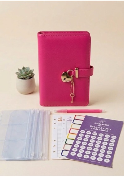 Bütçe Planlayıcı Para Organizeri - Fuşya Kilitli Ajanda Sticker Hediyeli