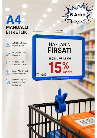5 Adet - A4 Mandallı Fiyatlık Etiketlik Sepet Raf Askılık Fiyat Etiketi Çerçeveli Market Mağaza Mavi