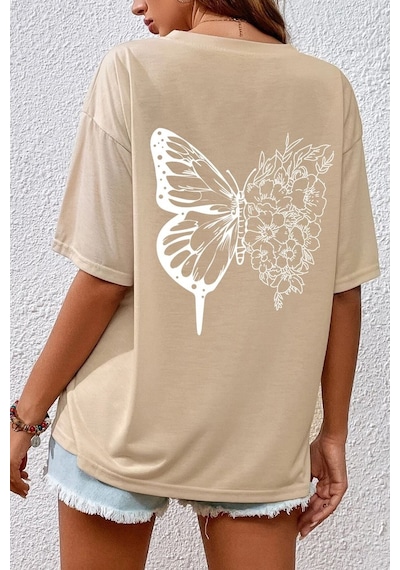 Unisex Drawing Butterflies Tasarım T-shirt Bej