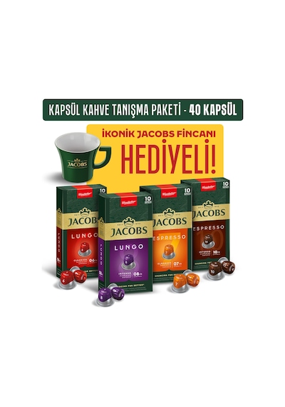 Jacobs Kapsül Kahve Tanışma Paketi 40'lı İkonik Fincan Hediyeli Nespresso Uyumlu Alüminyum Kapsül Kahve
