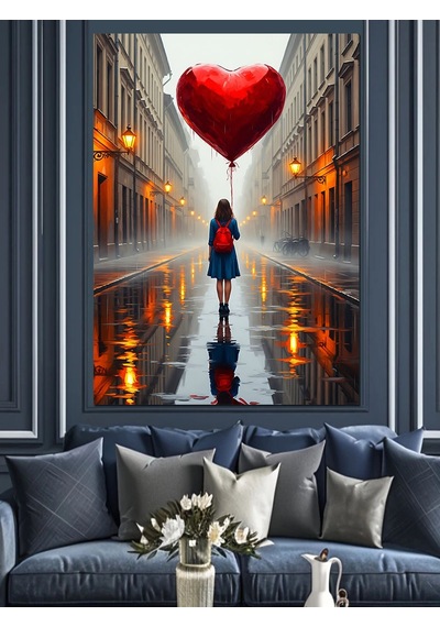 Ahşap Tablo Kırmızı Balonlu Yalnız Kız