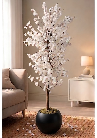 Cihan Çiçekçilik Yapay Beyaz Bahar Dalı Ağacı 140cm- 27x33 Cm Küre Saksılı Siyah