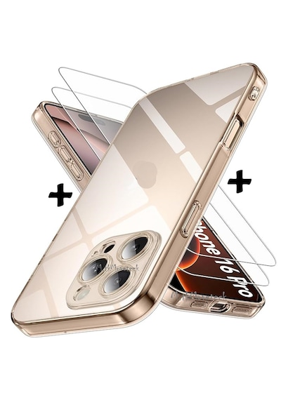 Apple Uyumlu iPhone Uyumlu 16 Pro Kılıf Korumalı Şeffaf Silikon +ekran Koruma Cam Set -