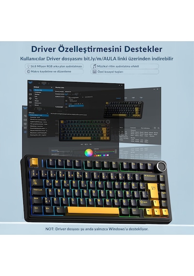 Aula F75 Mekanik Rgb Tkl Graywood V4 Switch Kablosuz Makrolu Hot Swap Türkçe Q Klavye Siyah