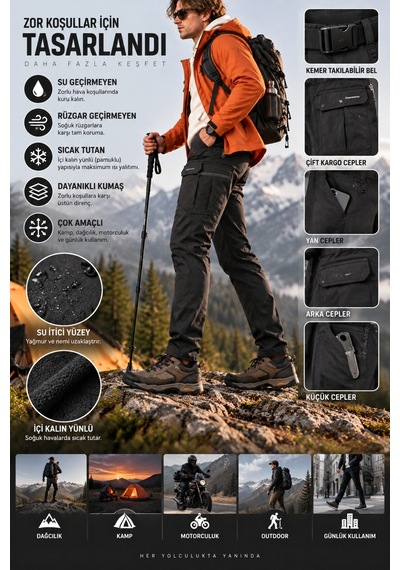 Dechers Erkek Kışlık Softshell İçi Polarlı Rüzgar, Soğuk & Su Geçirmez Taktik Pantolon - E232 Siyah