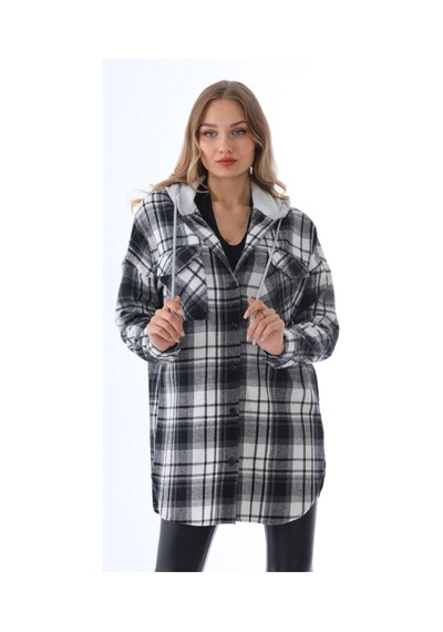 Polologin Butik Kadın Kapüşonlu Ekose Desenli Oduncu Gömlek Ceket - Uzun Tunik Boy Siyah