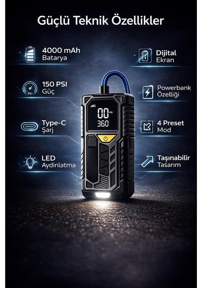 Tr Kablosuz Lastik Şişirme Pompası, 150 Psı Taşınabilir Hava Kompresörü, 4000 Mah Şarjlı Dijital Hava Basınç
