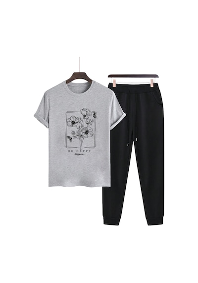 Uyguntarz Unisex Be Happy Tasarım Basklı Tshirt Eşofman Takımı Gri