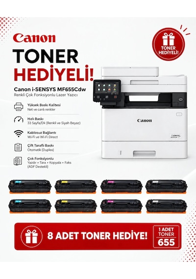Canon Mf655cdw Çok Fonksiyonlu Renkli Lazer Yazıcı +2 Takım Toner 8 Adet