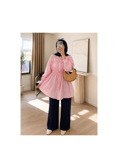 Unika Boutique Beli Büzgülü Çizgili Tesettür Gömlek Pembe