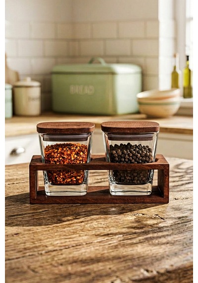 Prime - 2'li Ahşap Standlı Vakumlu Kapaklı Cam Baharatlık Çok Amaçlı Cam Çerezlik Kahvaltılık 300 Ml Kahverengi