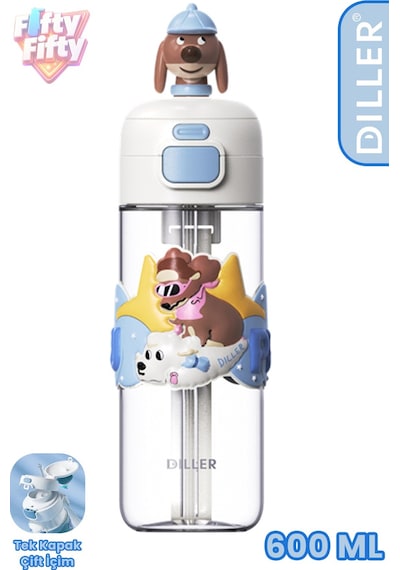 Dıller 600 Ml Pipetli & Rahat İçim Çift Kullanım Tritan Su Matarası Suluk -ffd600renk3 Mavi