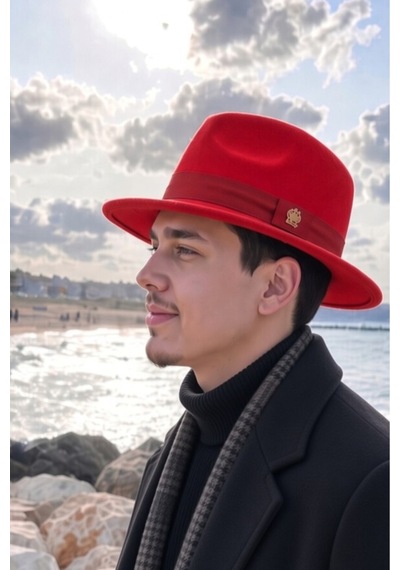 Mollycrush Erkek Mevsimlik Vintage Kırmızı Fötr Şapka Kemerli Şık Keçe Fedora Tasarımı Kırmızı