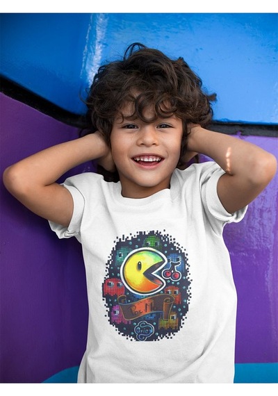 Sevbano Pacman Baskılı Unisex Oyun Çocuk Tişört 1-12 Yaş Beyaz